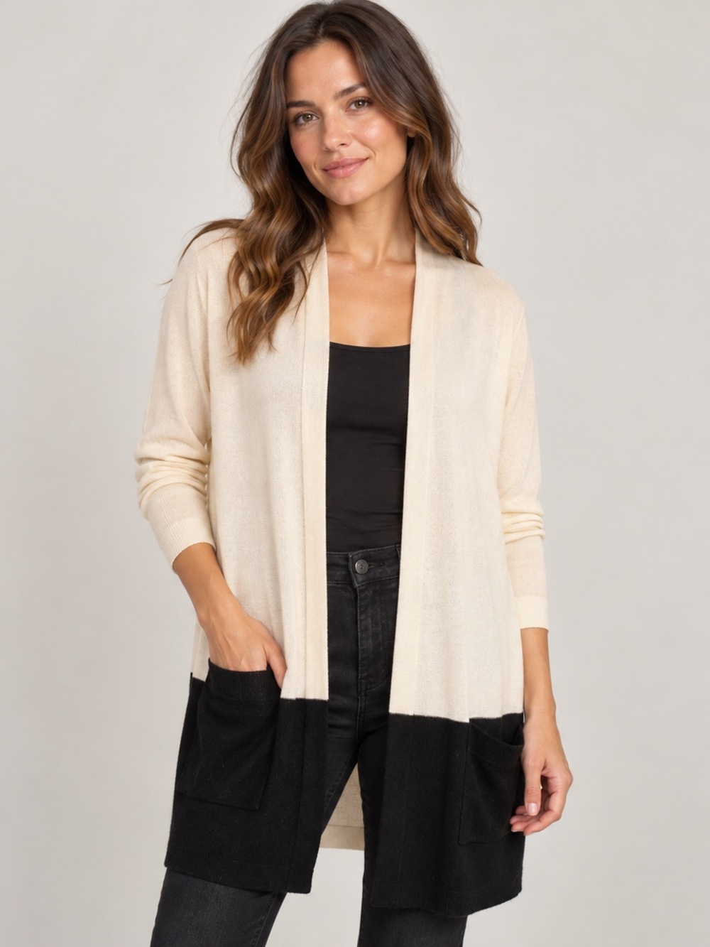 J. Jill Ivory Black Colorblock Long Cardigan Size Large